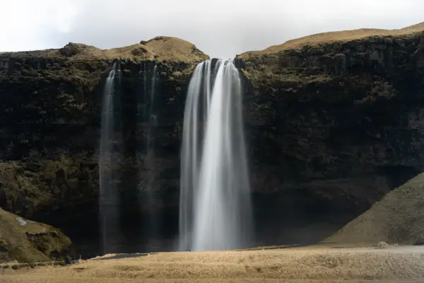 Seljalandsfoss from the front. Long exposures creating a milky water effect.