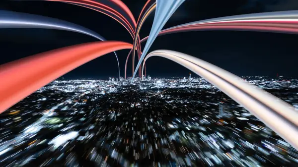 A Drone Shot of Boston from Cambridge, Shot at a long exposure to get a motion blur and than edited in Photoshop using a drag pixel effect.